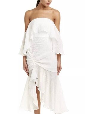 C/MEO Collective Sacrifices Gauze Ruffle Midi Dress Ivory Off Shoulder Large L